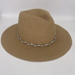 NWT Women's Straw Sun Hat O/S Packable Beige & Silver Adjustable David & Young